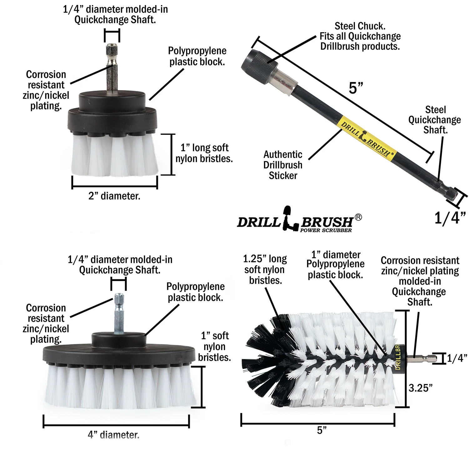 4in Flat Brush, 2in Short Brush, and Jumbo Original all in Soft White Plus 5" Extension - Automotive Cleaning kit with Extended Reach Attachment | W-S-42J-5X-QC-DB - Image 5
