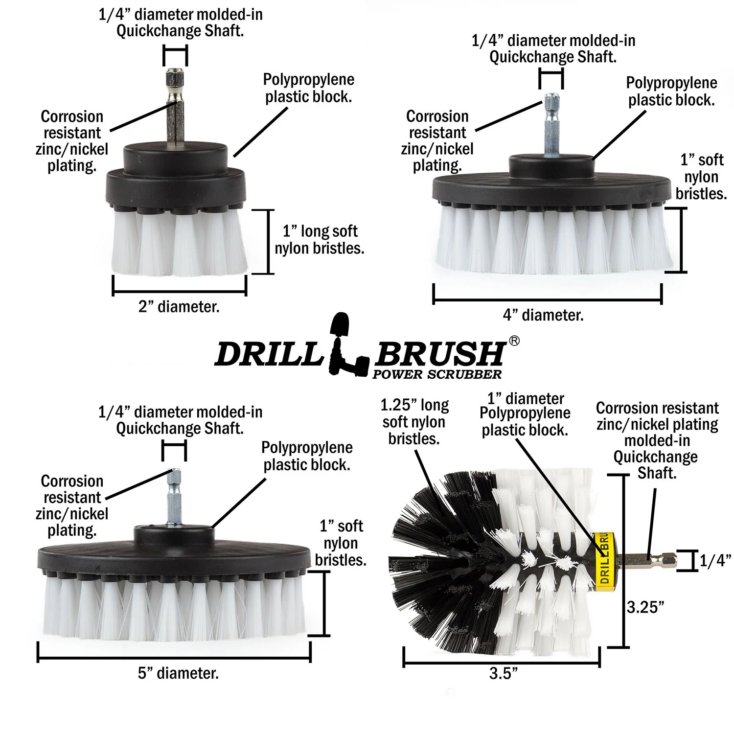 Original, 5in, 4in, & 2in White Brushes w/ 7in Extension - Soft Bristles - Home & Auto Cleaning | W-S-542O-7X-QC-DB - Image 5